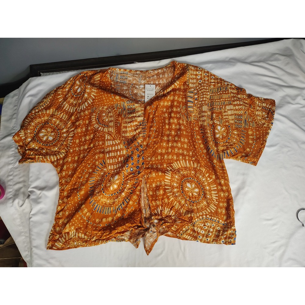 Cupshe Orange Medallion Print Tie Front Crop Top V-Neck Short Sleeve Rayon Small